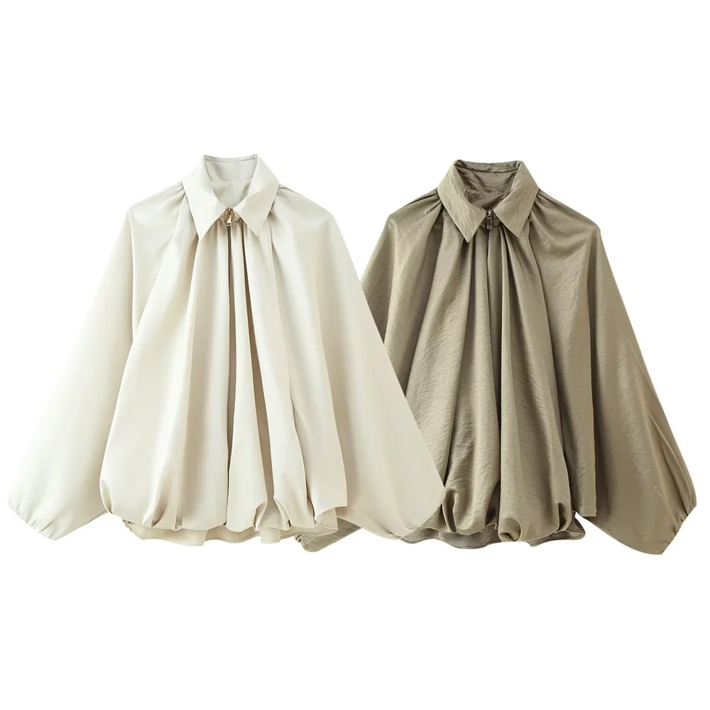 

BMURHMZA Summer New Product Women's Fashion Casual Versatile Flip Collar Long Sleeve Zipper Decoration Puff Pilot Jacket Coat