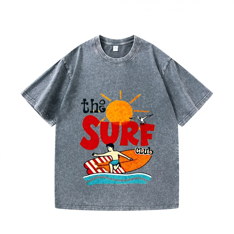 Men's T-shirt Gray Surf Club Printed Pattern Casual Summer Beach Wear Short Sleeve Top