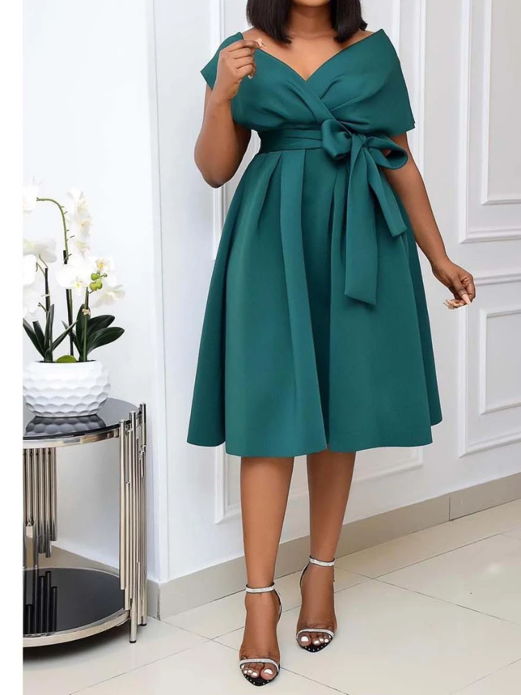 Dress Women Mid Length Dresses A Line Vestidos Slim Fit V Neck Short Sleeve Tight Waist Elegant Splice Lace Up Bow Summer