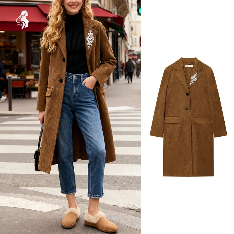 

Женское пальто с лацканами с вырезом и длинными рукавами, украшенное бриллиантами, длинное пальто с эффектом замши для весенне-осенней и повседневной носки