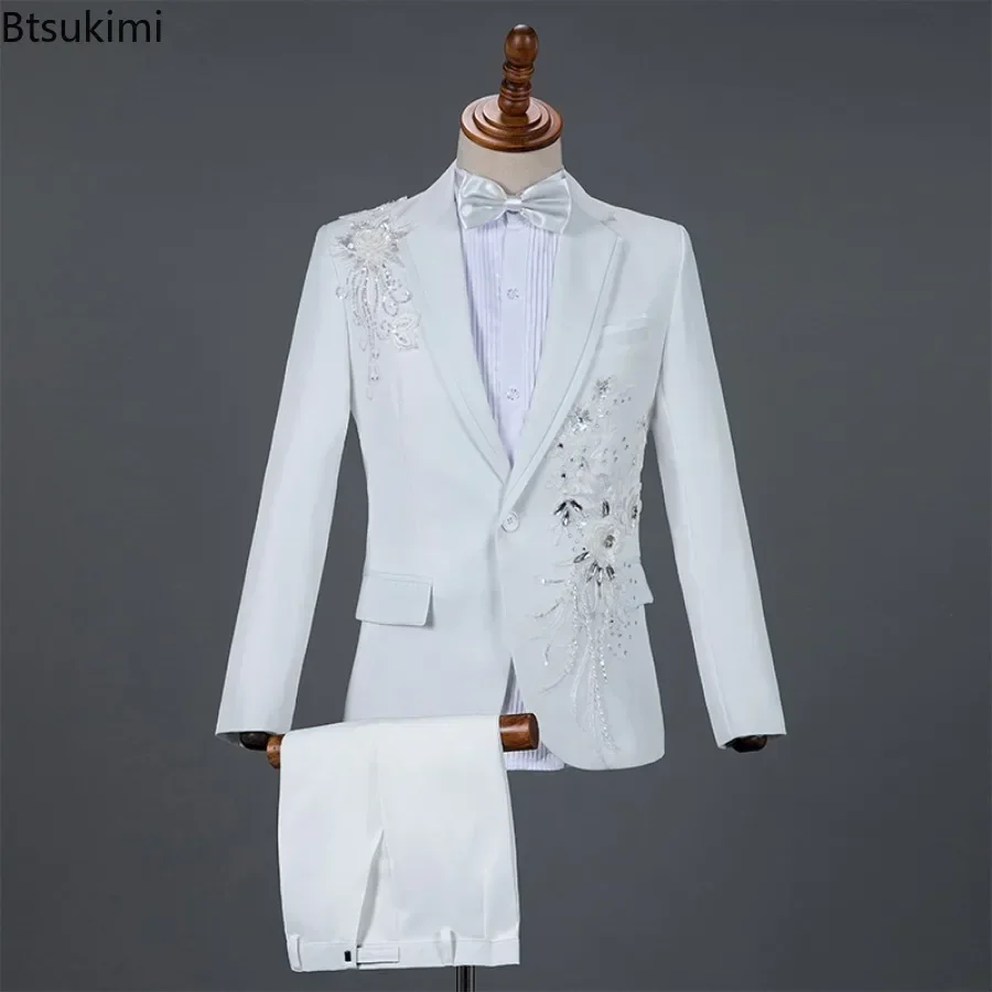 2025 Fashion Sequin Embroidery Suit Men Wedding Groom Tuxedo Suits and Pants 2PCS Sets New Men Single Button Lapel Stage Costume