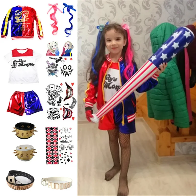 2025 Nieuwe Kinderen Meisjes Harley Kostuums Cosplay Quinn Monster Jas Broek T-Shirt Sets Party Kleding QAQ2