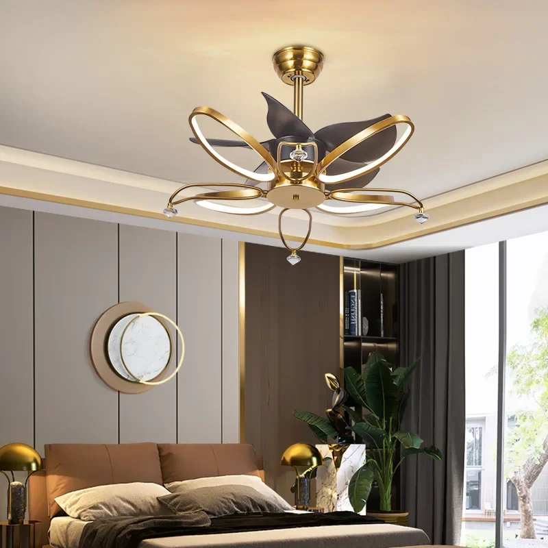 

New Nordic Light Luxury Mute Restaurant Ceiling Fan Lights Creative Crown Petal Living Room Fan Lamp Bedroom Light