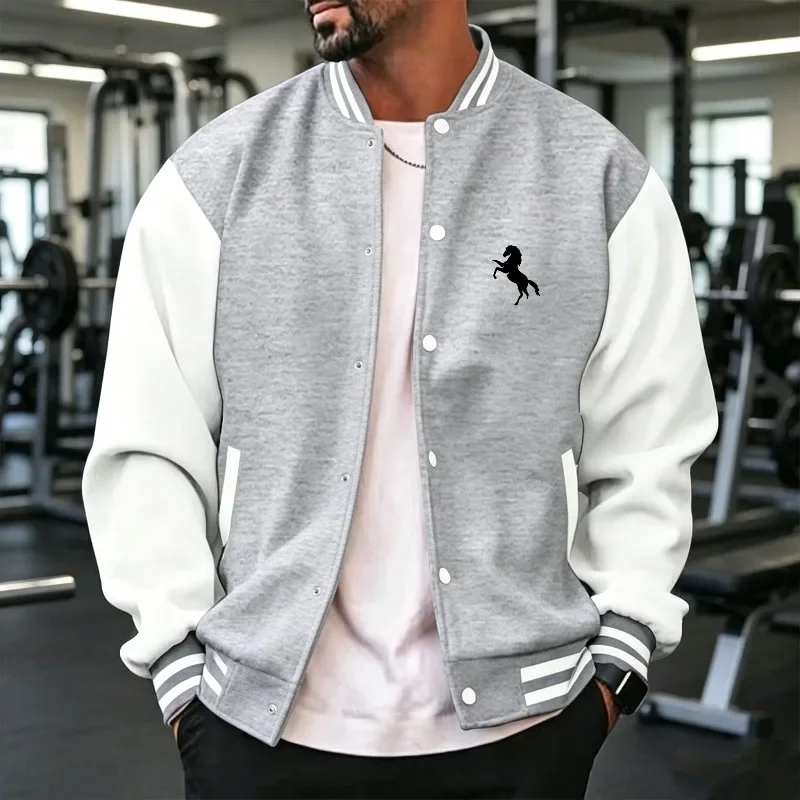 Men Color Block Baseball Jacket Ribbed Cuff Long Sleeve Button Varsity Coat   Fit Casual  Daily Outerwear For Sports GymS-3XL