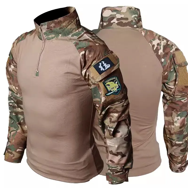 Mens Tactical T-shirt Camouflage Patchwork Outdoor Quick Drying Training Tops Half Zip Stand Collar Waterproof Hunting Pullover