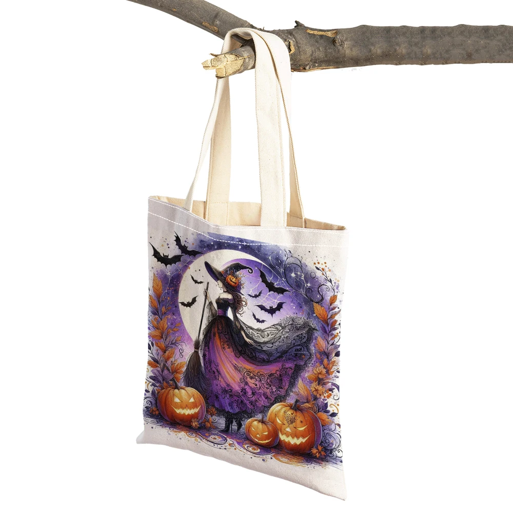 

Casual Cartoon Halloween Pumpkin Witch Girl Shopping Bags Double Print Women Shopper Bag Children Handbag Eco Lady Shoulder Tote