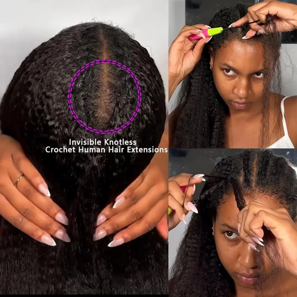 

Накладные волосы Kinky Straight Crochet из натуральных человеческих волос, невидимые бесузловые пряди, предварительно разделенные бразильские пучки