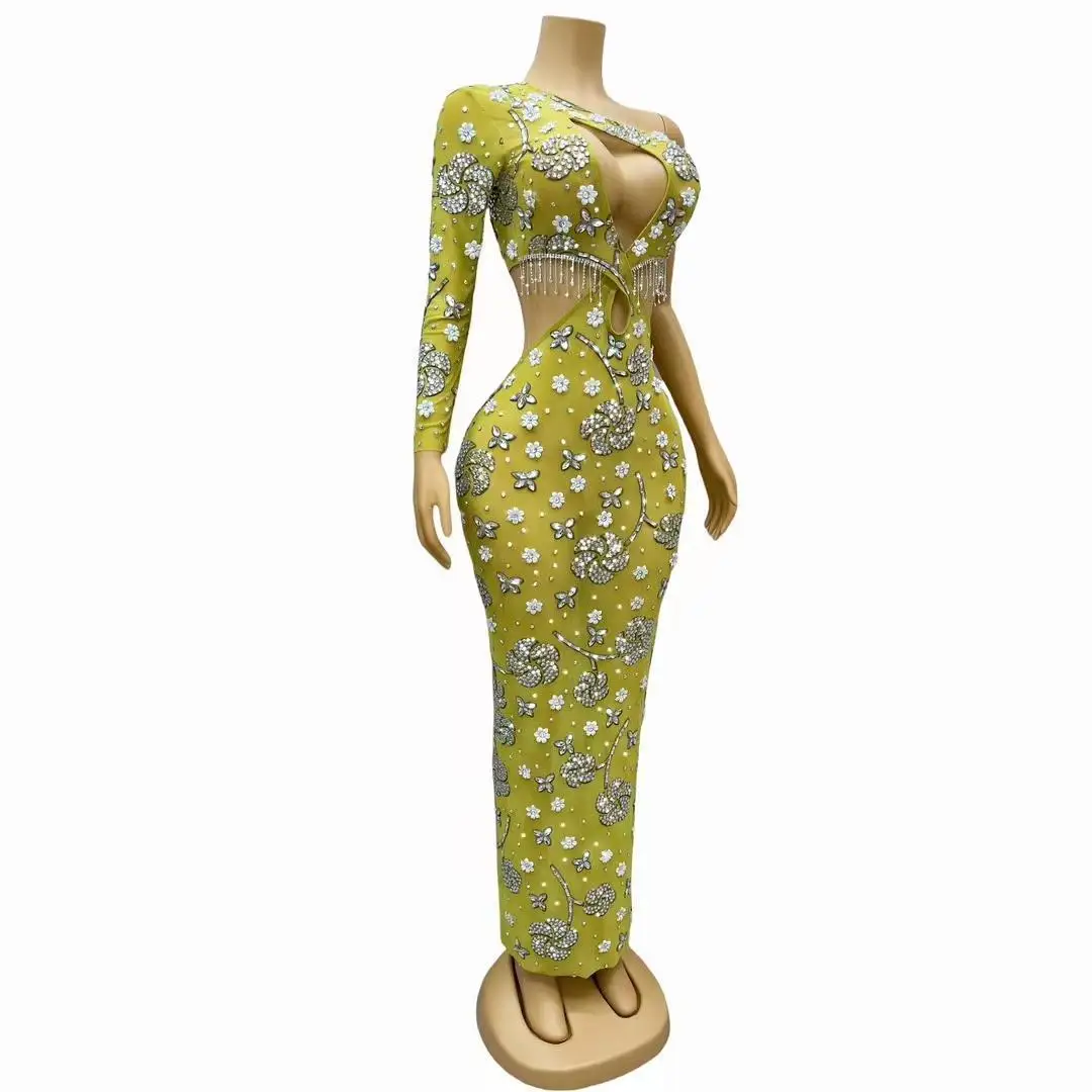 Yellow Shining Diamonds Women Evening Party Dresses Cross Straps Sexy Hollow Out Package Hip  Prom Gowns Dress Xiaohuangche