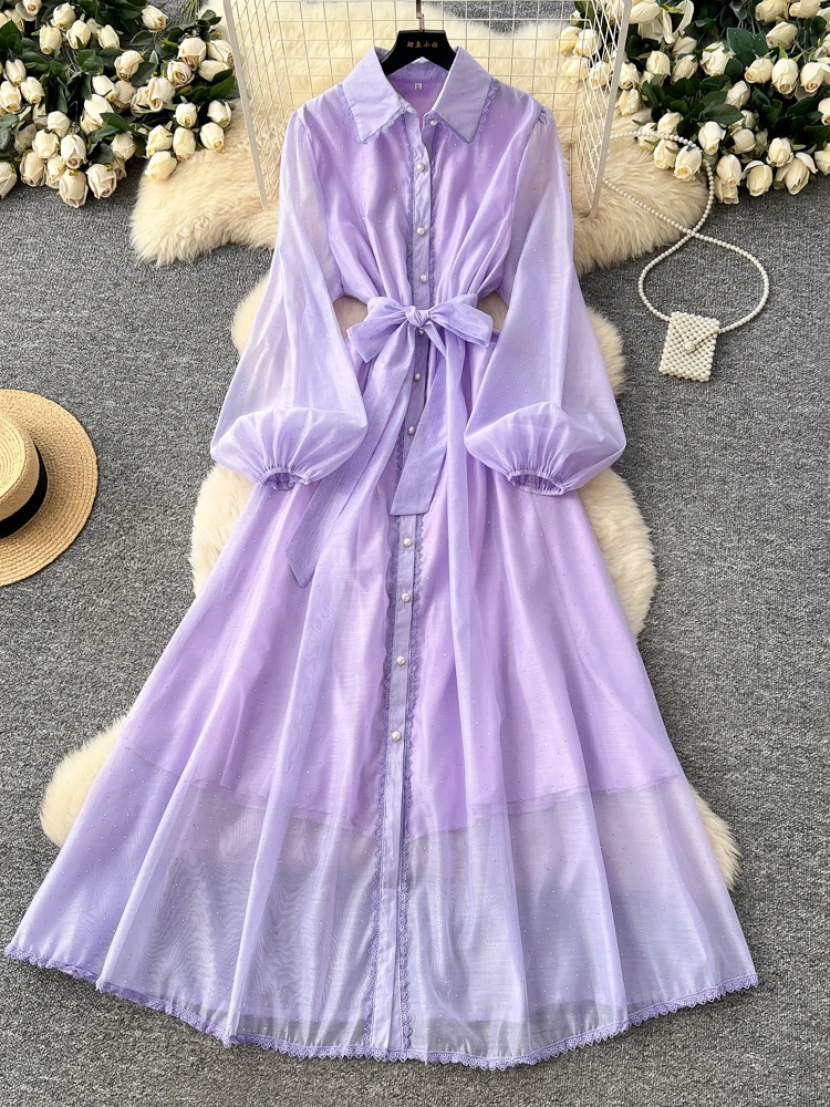 

Korean Sle Luxury Design Lantern Sve Dr Pearl Bule Waist A-Line Ele Long Dr Women's Faionable Belted Dr