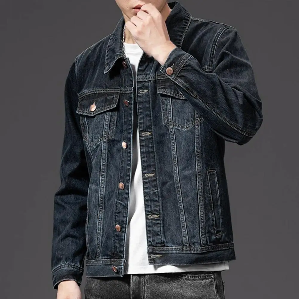 Single Breasted Coat Stylish Men's Denim Jacket with Multiple Pockets Lapel Single-breasted Cardigan for Spring Fall for A