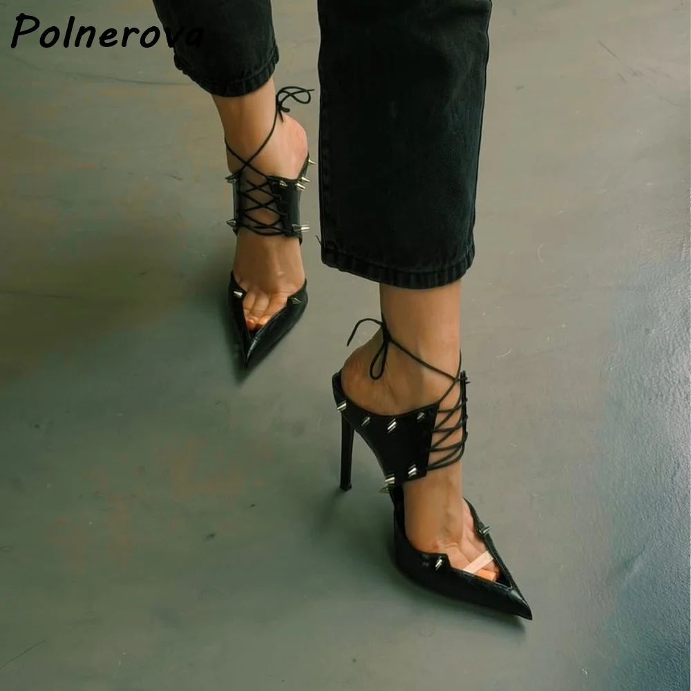 

Black Patent Spiked Sandals Lace-Up Pointed Toe Thin Heels Punk Ankle Wrap Pumps Women Stiletto Mules Gothic Summer Shoes