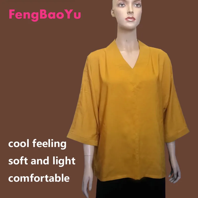 Fengbaoyu Fine Cotton Silk Women's Summer Sleeves Wide V-collar Long T-shirt Chinese-style Clothes Tea Ceremony Leisure And Cool