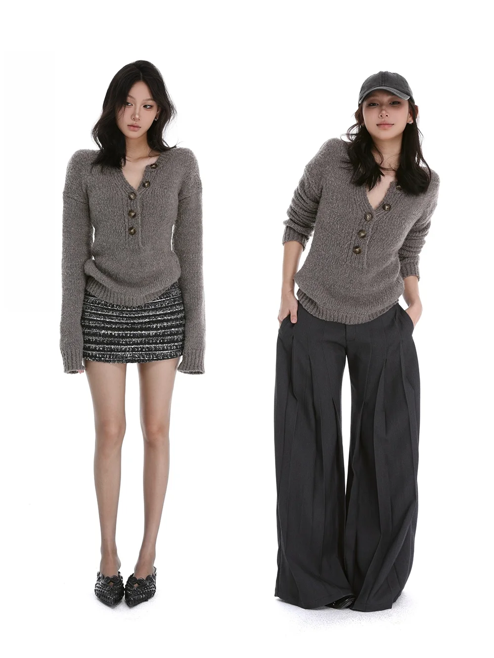 

Thi Wool Blend Camere Sweater Wooden Tone mat Two-Color V-Ne Long Sve Casual Sle Women's Knitted Sweater