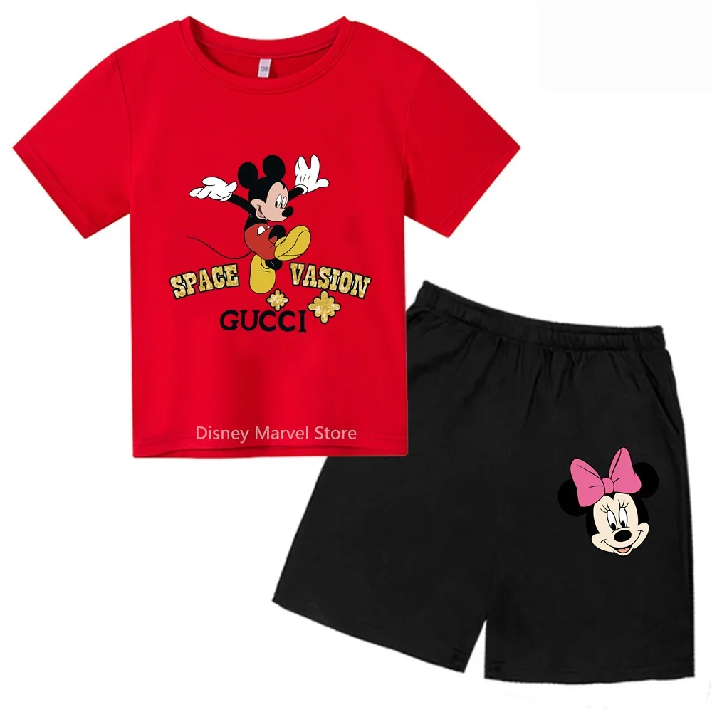 Mickey Mouse Cartoon Print Summer T-Shirt Shorts For Boys Girls Ages 3-14 Trendy And Comfy For Outdoor Casual Kids Apparel