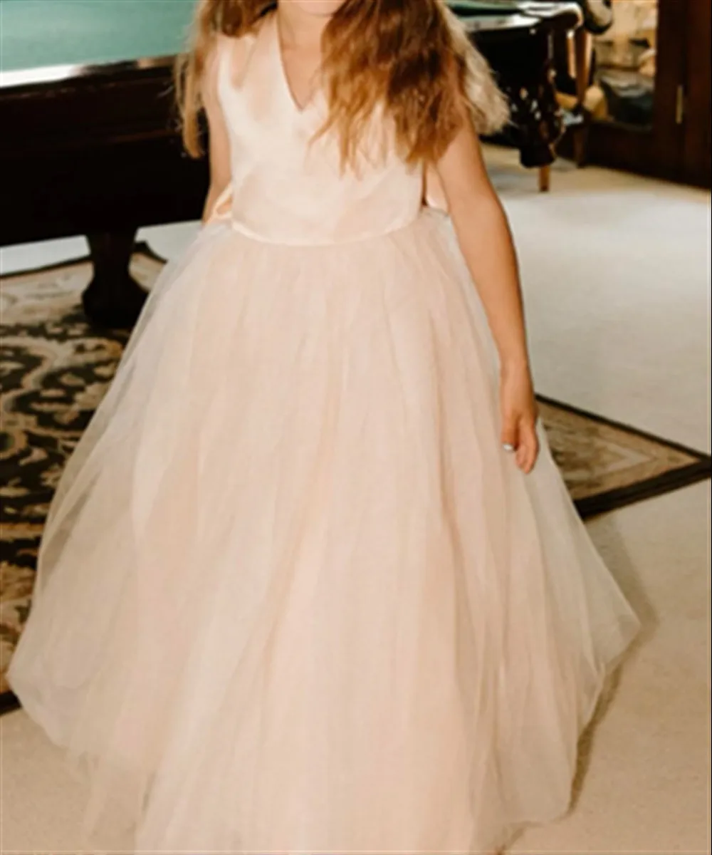 Vestido de novia elegante personalizado con flores para niña, vestido de satén con tirantes cruzados y lazo para fiesta de cumpleaños, graduación, vestido de baile de primera comunión para niños