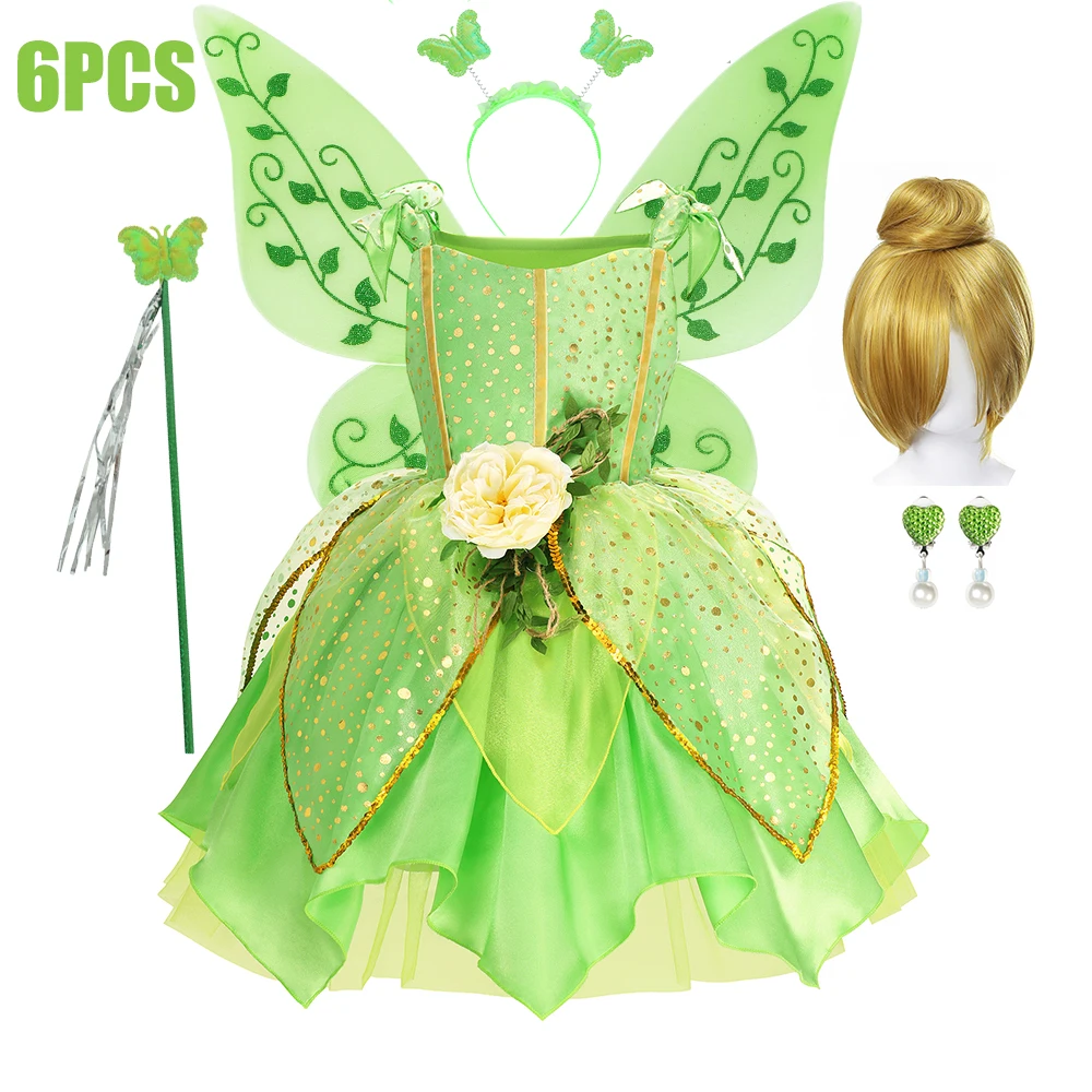 Child Girl Bell Costume Halloween Costume for Kids Green Dress Fancy Fairy Princess Cosplay Carnival Party Ball Gowns with Wing image 2