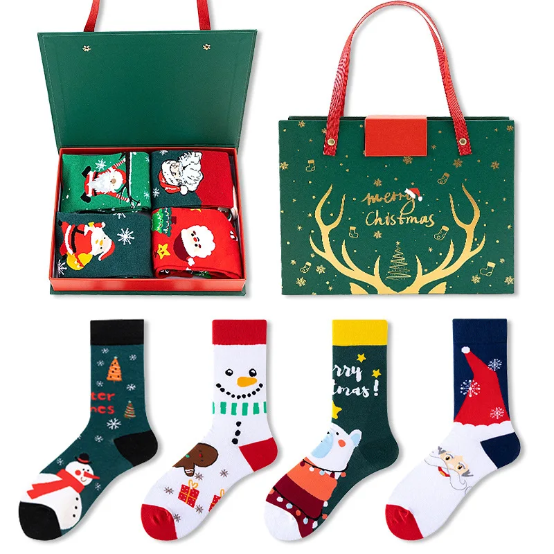 4Pairs  Christmas Socks Set Gift Present Cartoon Winter Cute Cotton Sock Hipster Unisex High Socks Christmas Gift Box Sox