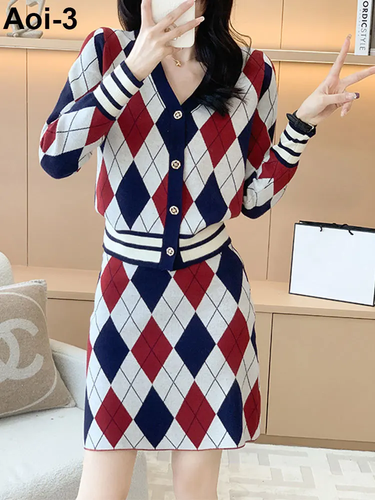 

Fashion Rhombic Contrast Color Knitted Suit Women 23 Autumn Winter V-Neck Long Sleeve Button Cardigan+A-Line Skirt Two-Piece Set