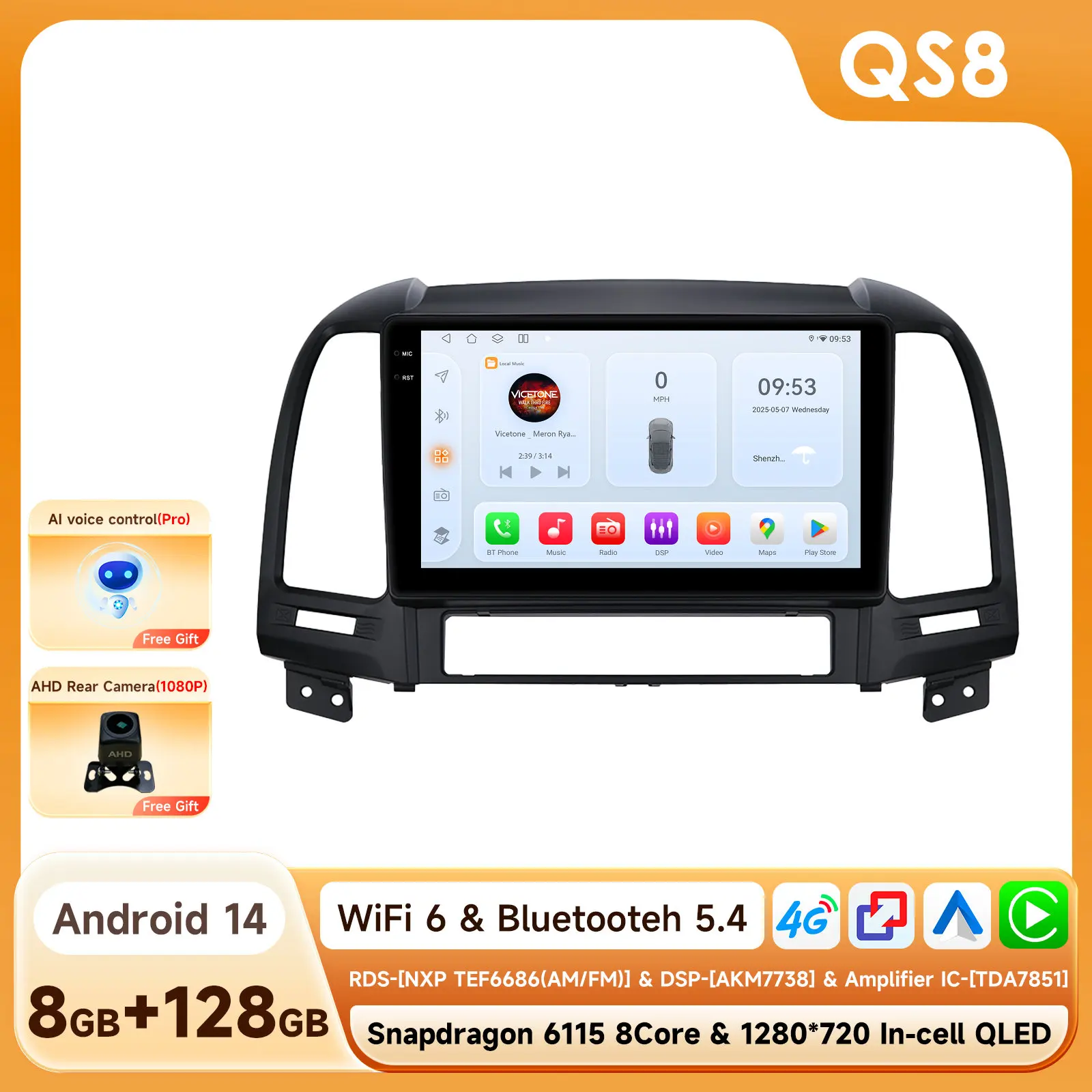 Lecteur multimédia autoradio pour Hyundai Santa fe 2 2006-2012, GPS Navi, Carplay sans fil, 6115, autoradio DSP 4G RDS, systèmes stéréo intelligents