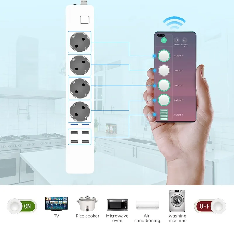 WIFI Smart Power Strip 4 AC Outlets 4 USB Charging Port Timing Bluetooth App Voice Control with Alexa Google Home Assistant