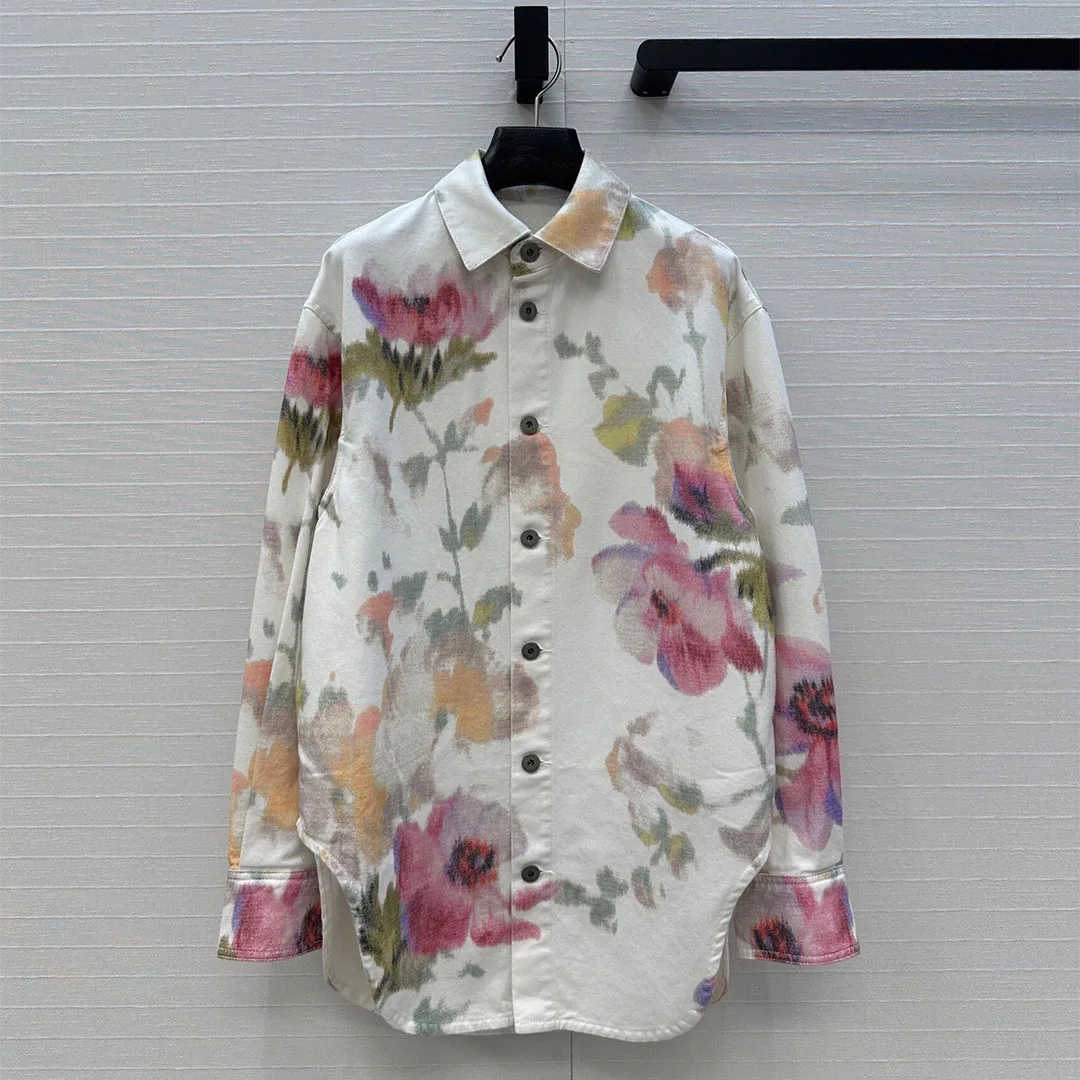 

2025 new autumn women's printed white denim shirt long jacket lapel long sleeve loose sweet jacket