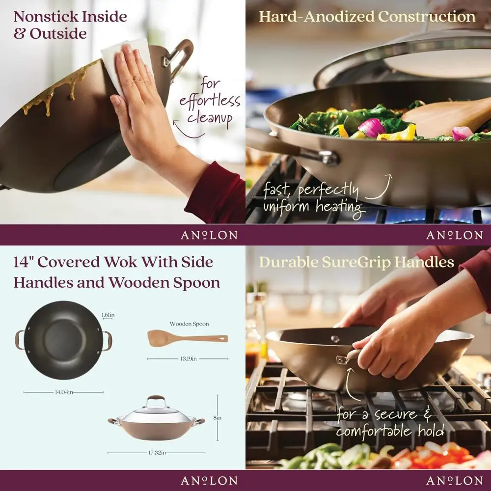 

14-дюймовый вок с антипригарным покрытием и крышкой и инструментом для жарки, жесткая анодированная сковорода для домашней кухни, бронзовая отделка, повышенная производительность