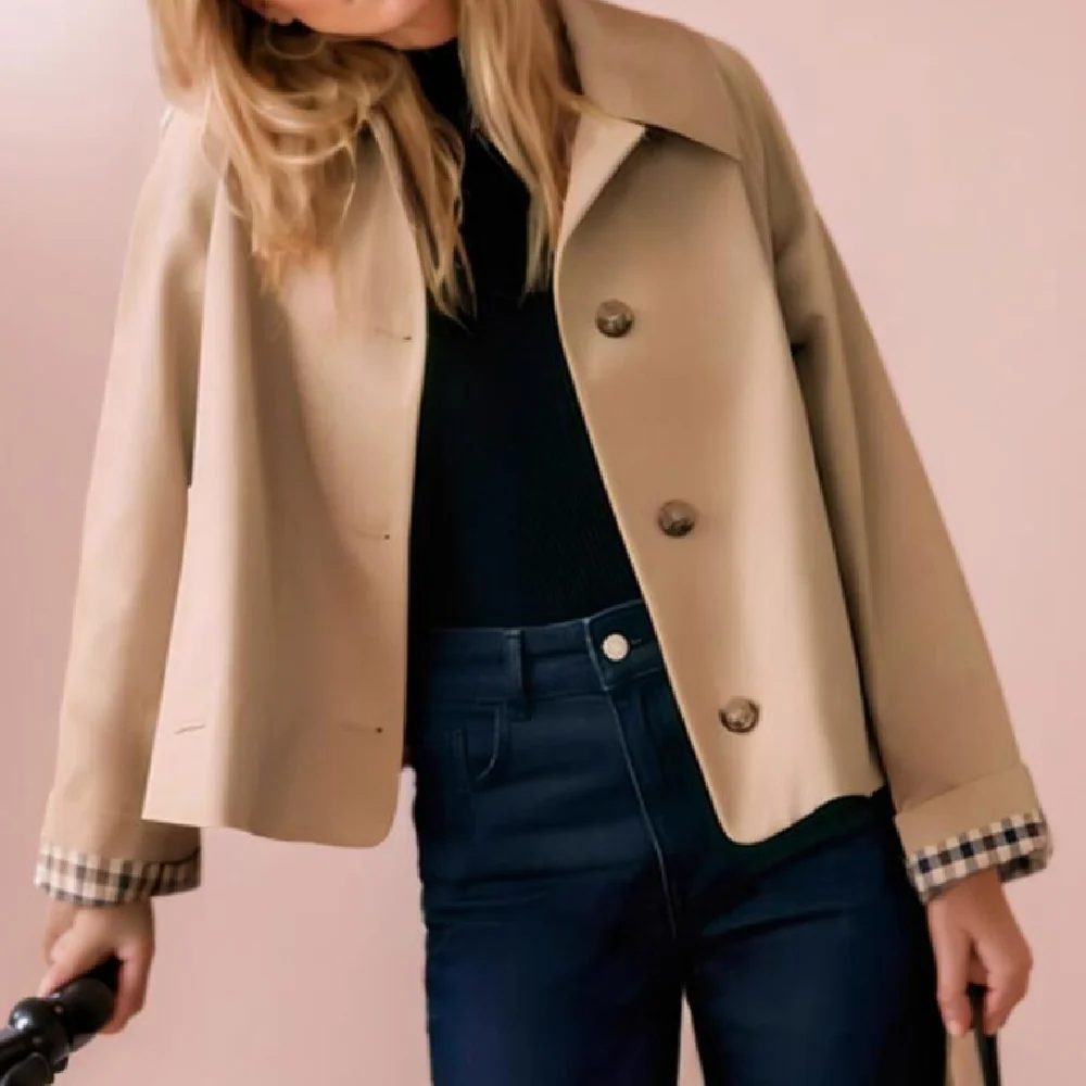 

Осень 202, женское коричневое пальто в клетку с лацканами, сафари, однобортное пальто на пуговицах с рукавами реглан, свободная верхняя одежда цвета хаки