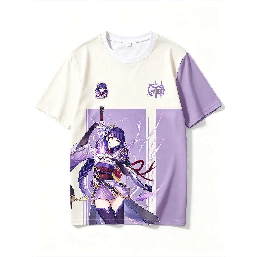 Anime Genshin Impact Raiden Shogun T Shirt Men Women Short Sleeve O-neck Tee, Game Character Print Casual Summer Tops