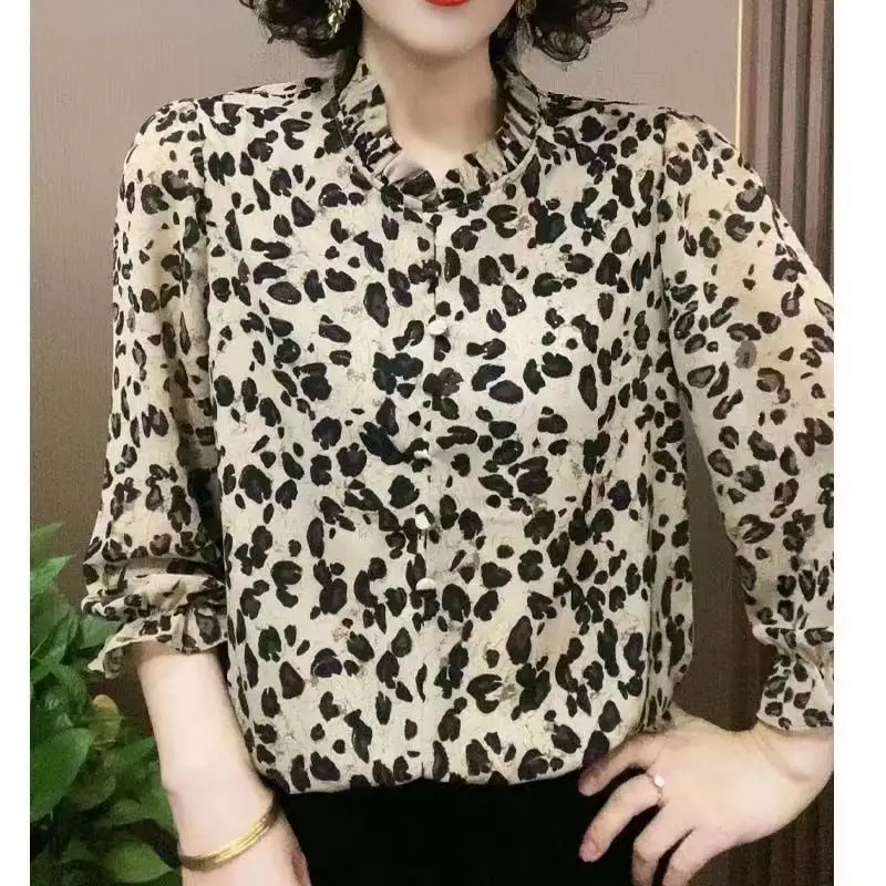 Summer New Shirt Fashion Elegant Spliced Printed Ruffles Button Commute Loose Crew Neck 3/4 Sleeve Women Pullover Chiffon Blouse