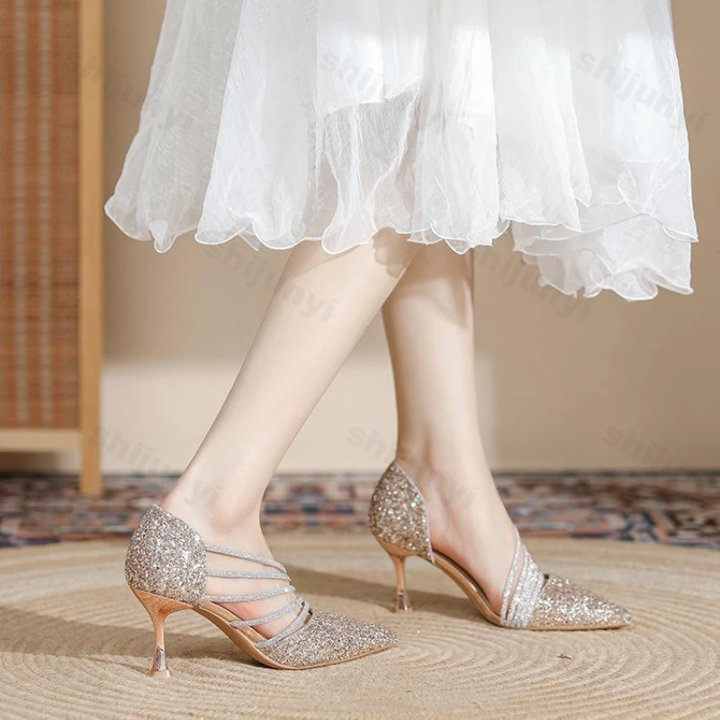 

Женские женские туфли на высоком каблуке с блестящими стразами на тонком каблуке, элегантные темпераментные удобные женские туфли с острым носком на свадьбу