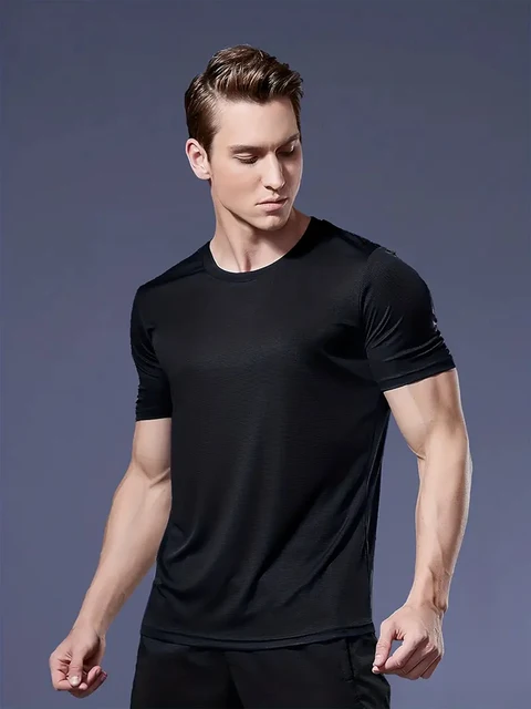 T-shirt z okrągłym dekoltem, 1-częściowy, czarny, ultralekki, męski, szybkoschnący, oddychający, pochłaniający pot koszula, odpowiednia do siłowni i Ru