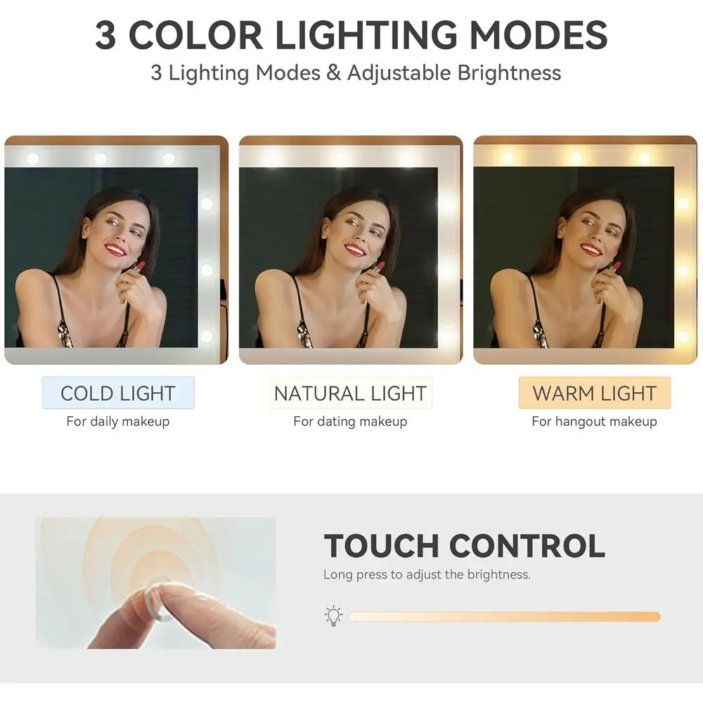 Beleuchteter Schminktisch mit Spiegel, Steckdosen, Hocker, LED-Glühbirnen, verstellbare Beleuchtung, Schubladen, Haartrocknerhalter &