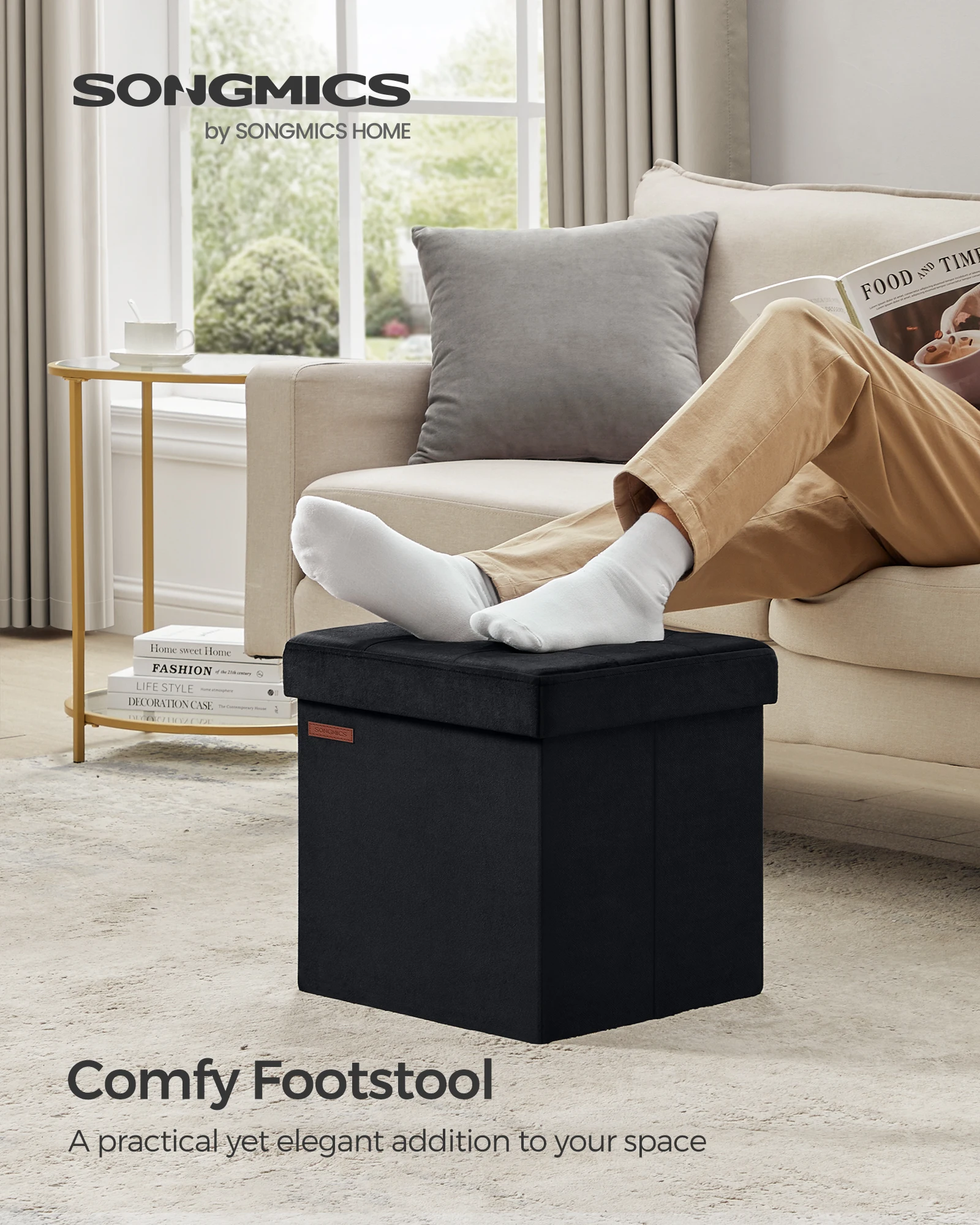 SONGMICS Storage Ottoman, Foldable Small Ottoman Foot Rest, Ottoman with Storage, Load up to 300 kg, for Living Room, Bedroom