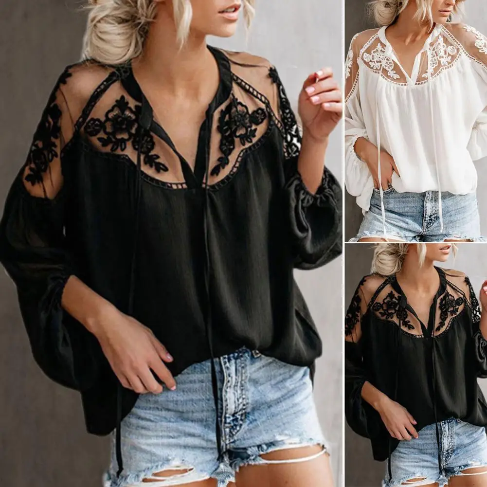 Zomer Sexy Kant Mesh Shirt Borduurwerk Patchwork Vrouwen Casual Lange Mouwen Tops Chiffon Blouse Losse Tops Shirts Vrouwelijke Blusas