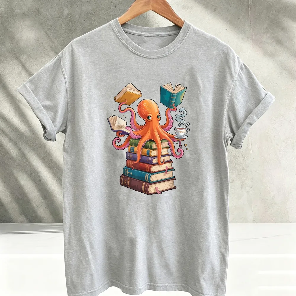 Clever Book Lover Octopus Reading Books Drinking Tea Graphic T‑Shirt Cute Ocean Animal Book Stack Nerd Librarian Art Cotton Tees