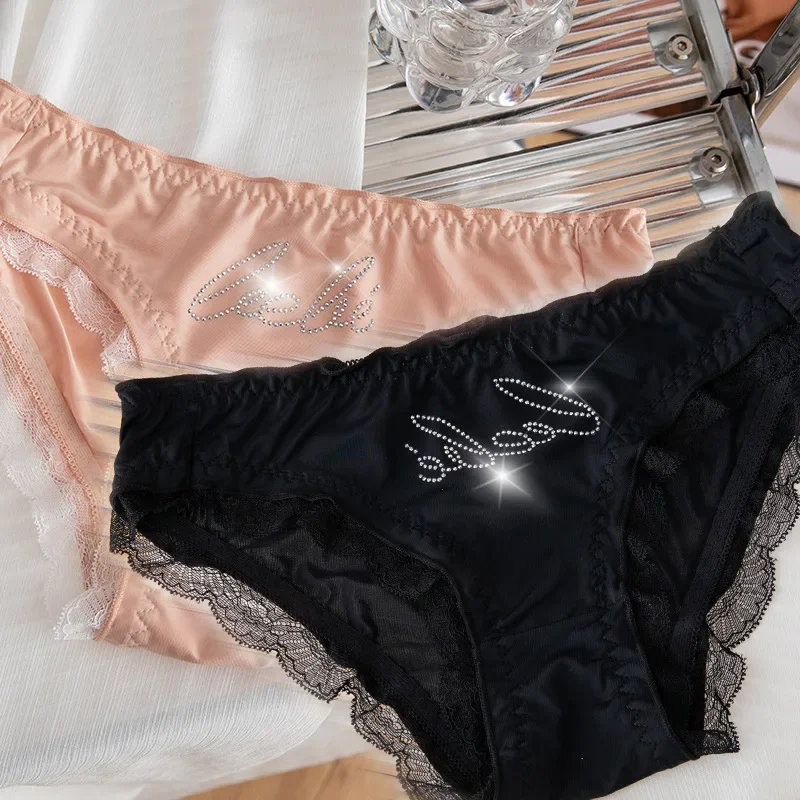 Sweet Girl Letter Rhinestone Satin Underwear for Women Soft Mid Waist Lace Sexy Seamless Panties Cotton Crotch Briefs Lingerie