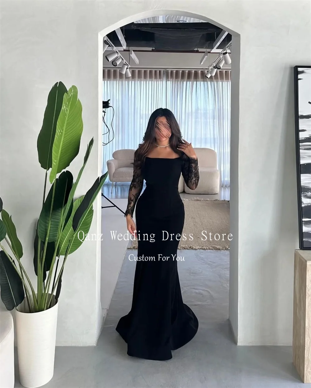 Qanz Saudi Arabia Evening Dresses Mermaid Long Sleeves Lace Black Vestidos De Fiestas Mujer Vintage Satin Party Gowns Customized