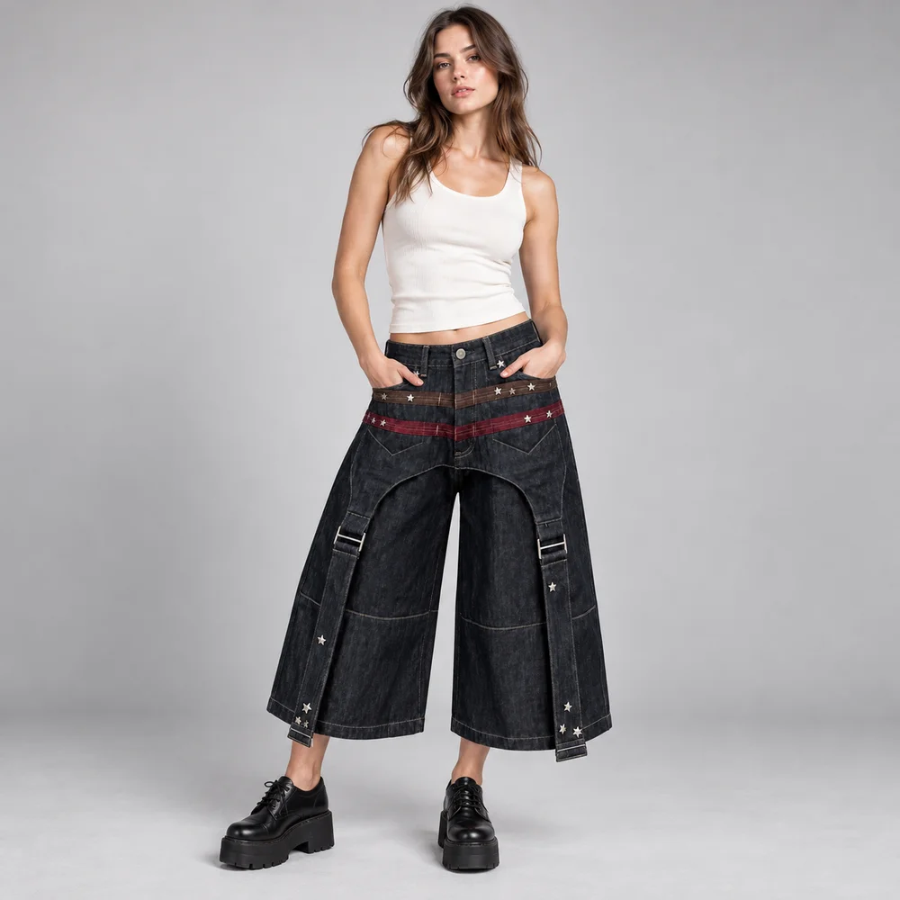 Women’s Dark Denim Extra Wide Cropped Jeans Layered Plaid Waist Studs Side Buckle High Waist Non Stretch Loose Straight Fit