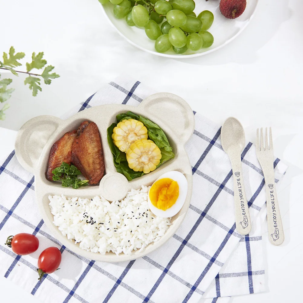 

3 шт., набор разделенных тарелок для детей, поднос в форме медведя из пшеничной соломы, ложка, вилка, детская посуда, легко чистящийся обеденный поднос, детские тарелки из пшеничной соломы