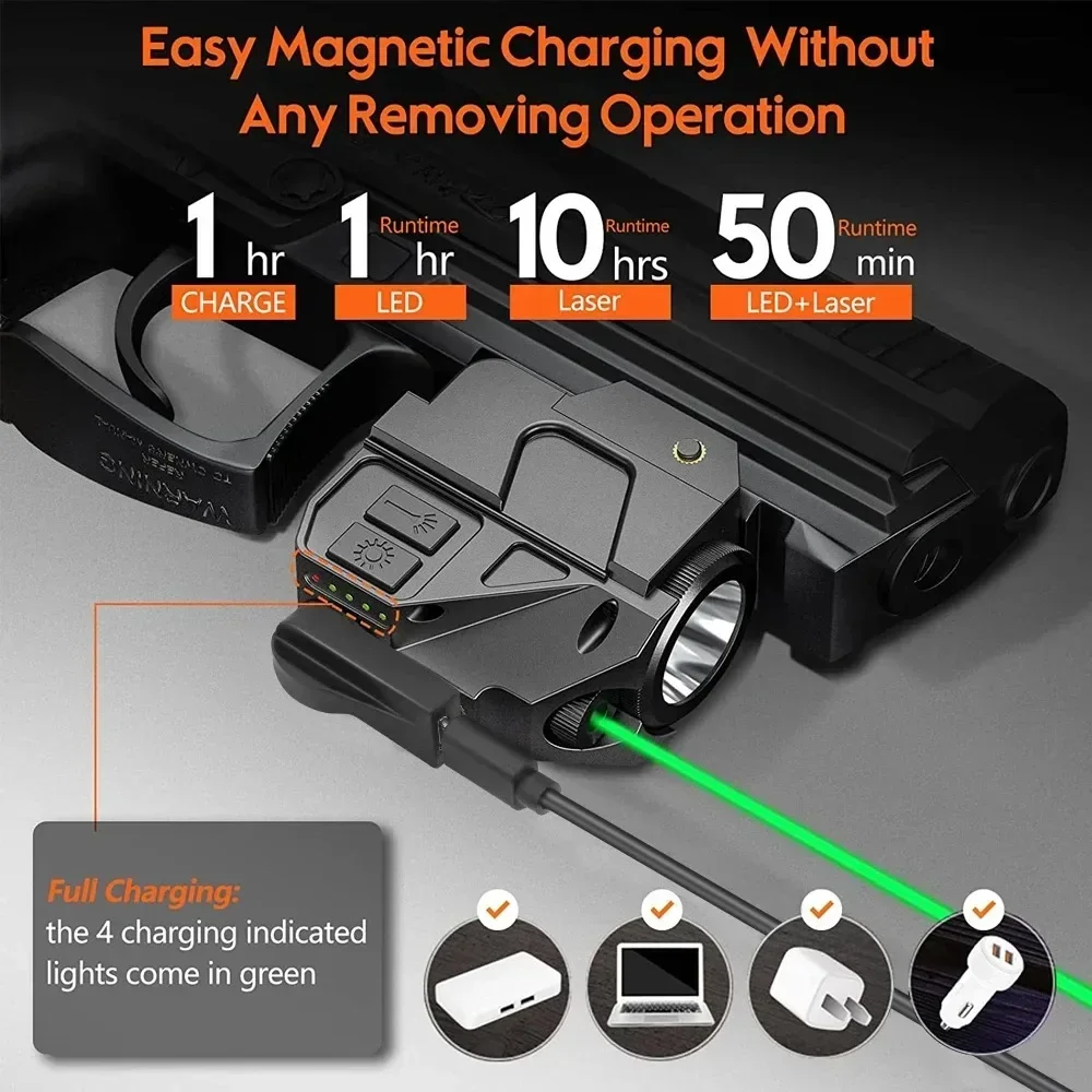 Tactical LED Flashlight 500 Lumens with Magnetic Charging Combo Red Green La-ser Sight for Outdoor Fit 20mm Rail