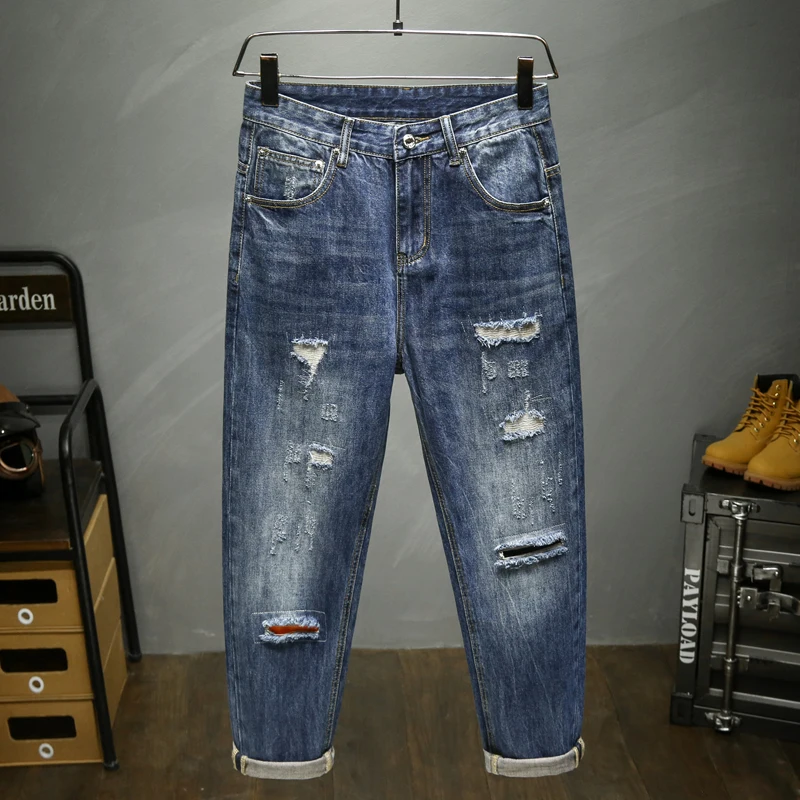 

Hip Hop Wide Leg Jeans Men Harem Baggy Pants Loose Fit Dark Blue Cotton Ripped Men's Cropped Jeans Kpop Patchwork Distressed