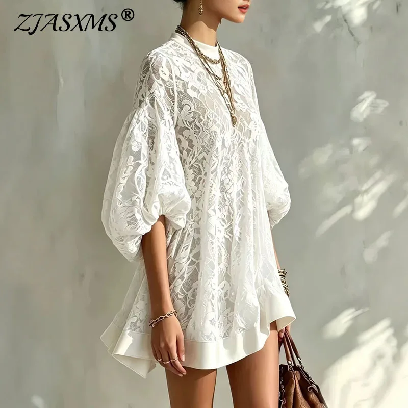 Vintage See Through Lace Dress Women O Neck Oversized Puff Sleeve Loose A Line Short Dress Elegant Summer Bohemian Holiday Dress