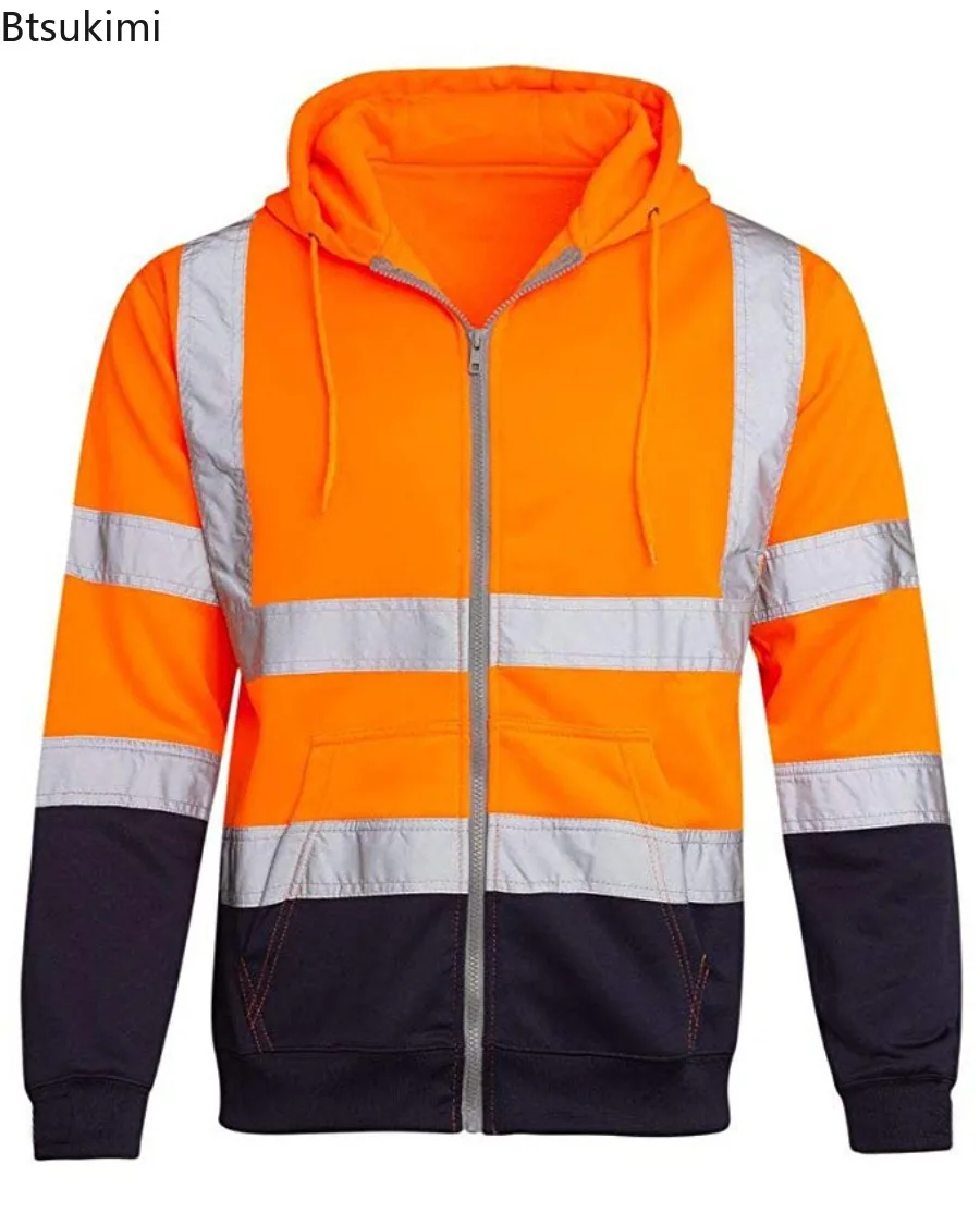 Zippered Hoodie Construction Worker Coat High Visibility Reflective Safety Hoodie for Night Shift Workers 360 Degree for Running