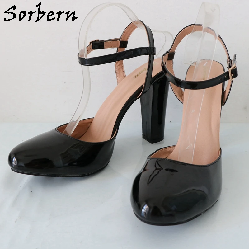 Sorbern Black Shiny Block High Heel Ankle Strap Women Pump Shoes Chunky Heeled Round Toe Vintage Style Custom Plus Size image 2