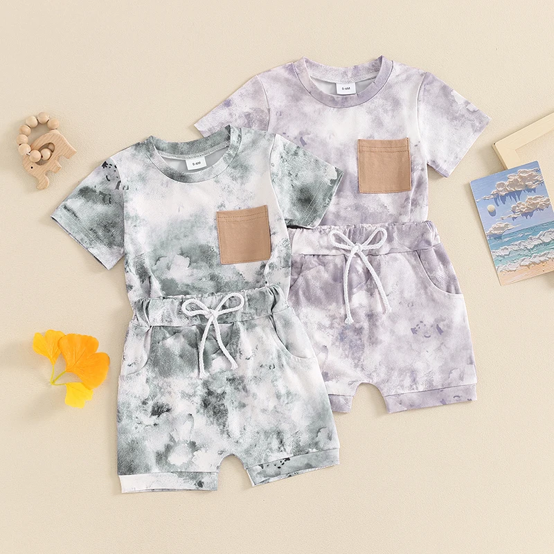 

2024-03-19 Lioraitiin Toddler Baby Boys Clothes Set Tie-dye Print Short Sleeve T-shirt with Elastic Waist Shorts Summer Outfit