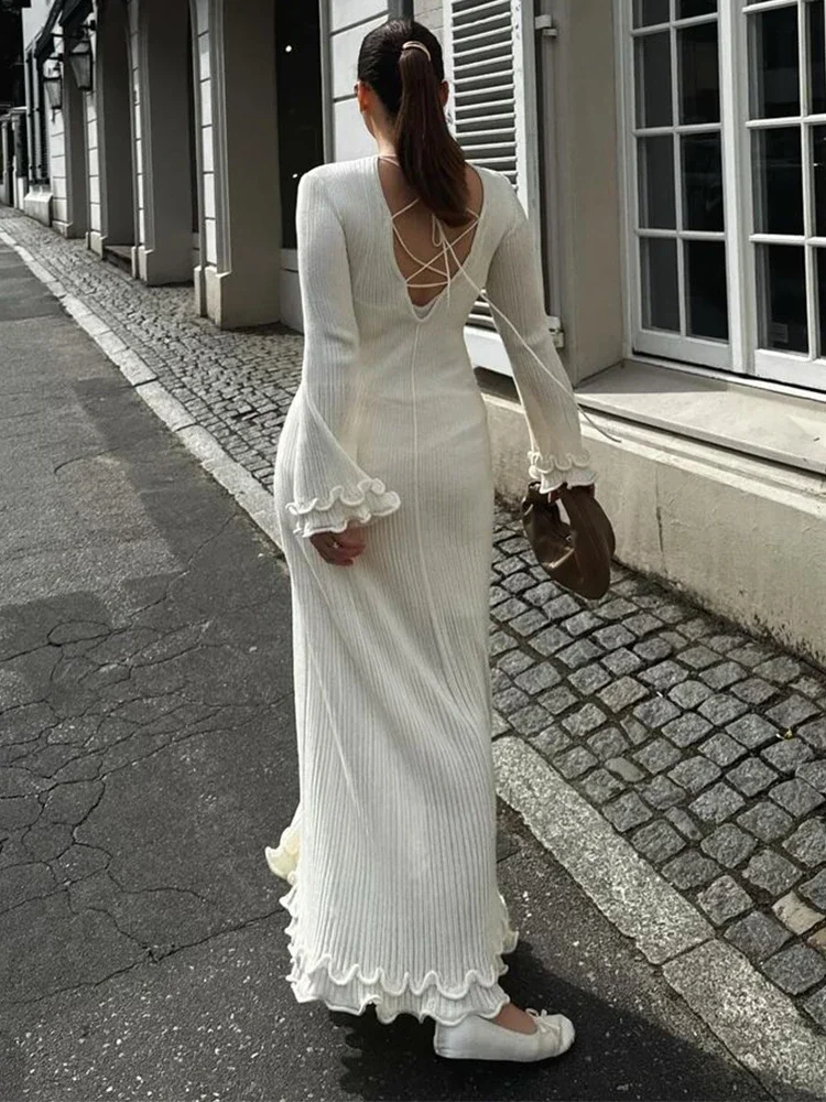 Elegant White Knitted Fishtail Dress Women Chic Flare Long Sleeve Lace Up Round Neck Vestidos 2024 New Female High Street Robes