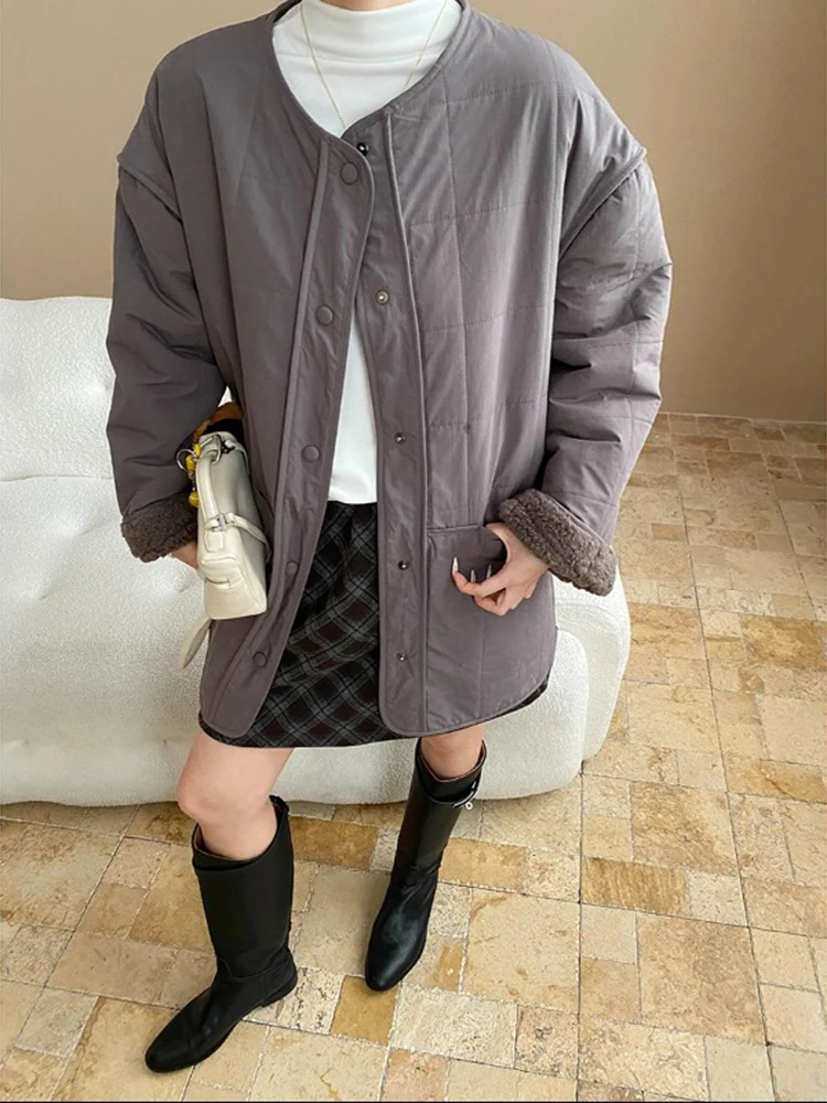 FANAN 厚手暖かい綿コート女性のためのラウンドネックシングルブレストカジュアルルーズミニマリズム多用途ジャケット 2025 冬新