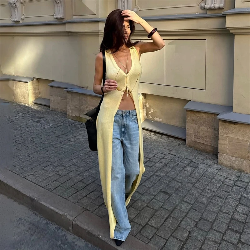 

Tuularose Summer Fashion Knit Cardigan Solid V-Neck Single Breasted Sleeveless Jacket Top Casual Loose Commuter Street Top Women
