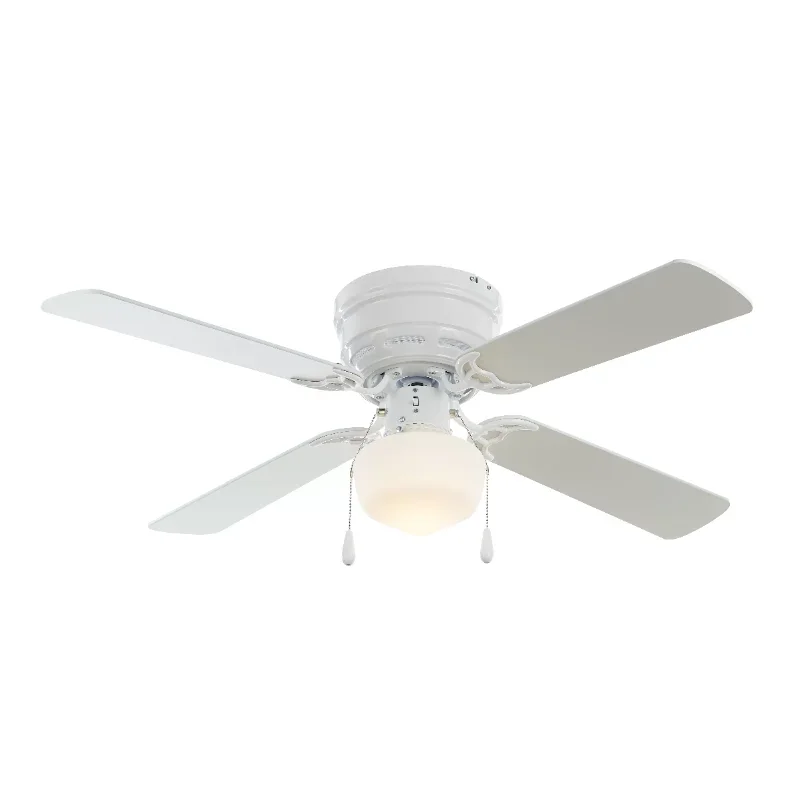 

42" Hugger Metal Indoor Ceiling Fan with Light, White, 4 Blades, LED Bulb, Reverse Airflow ventilateur