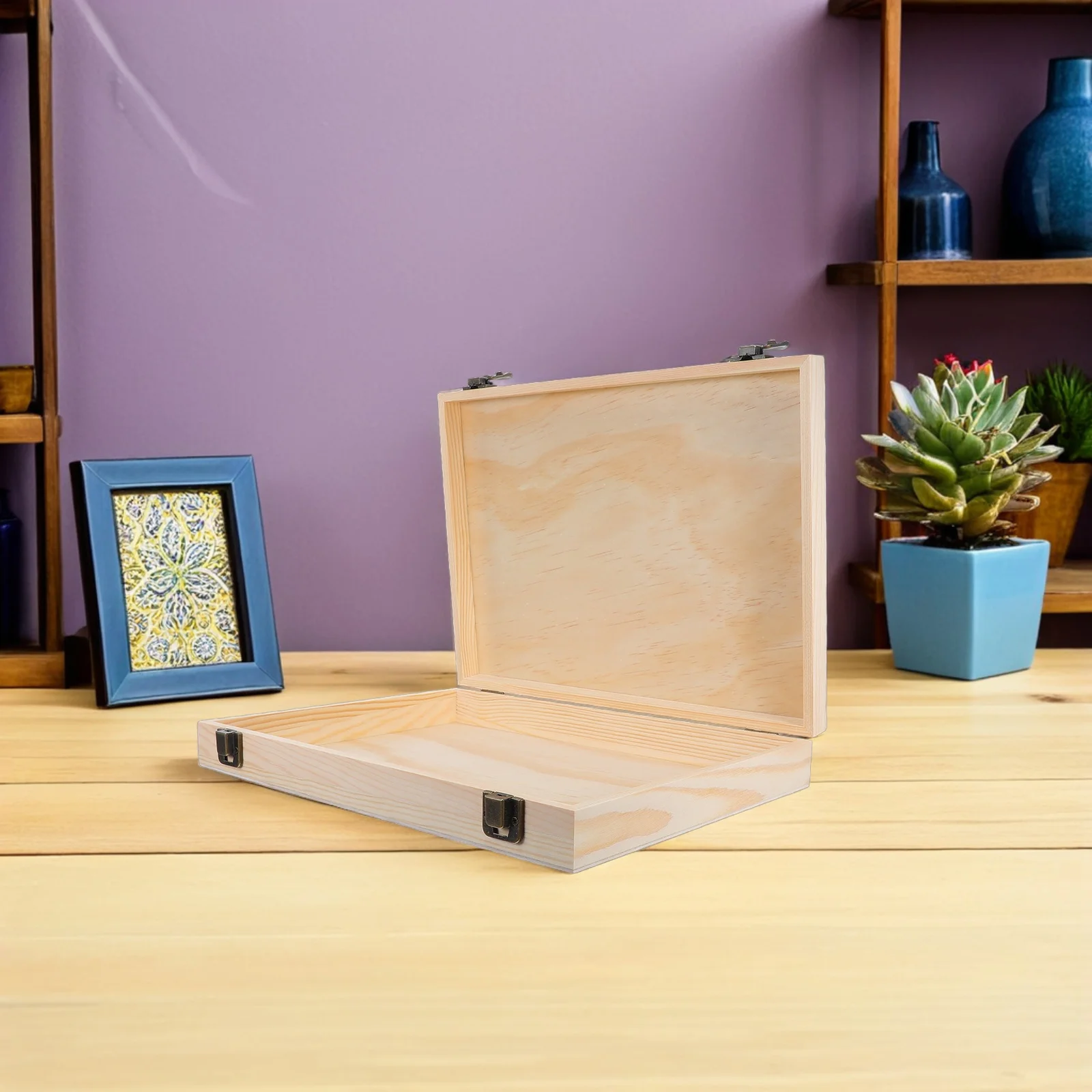 صندوق تخزين خشبي كبير، غطاء مفصلي صلب غير مكتمل، منظم حرفي للمجوهرات، حلية مستطيلة مزخرفة ذاتية الصنع #5